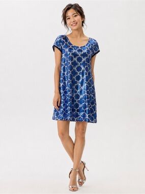 Pink Tartan Blue Metallic Floral-Pattern Shift Dress